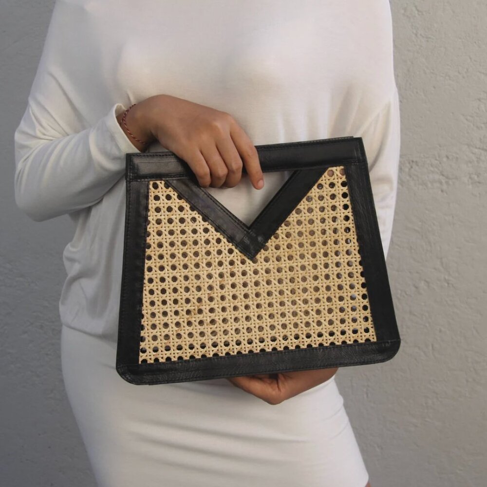 Bali Cane And Leather Clutch In Black